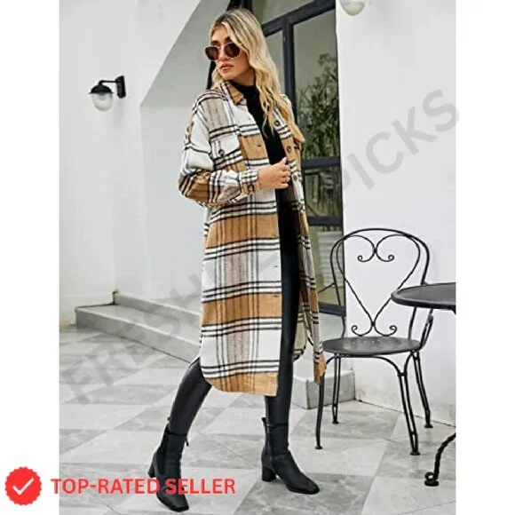Oversized Plaid Trench Coat Women's Flannel Shacket Classic Fall Layering Piece